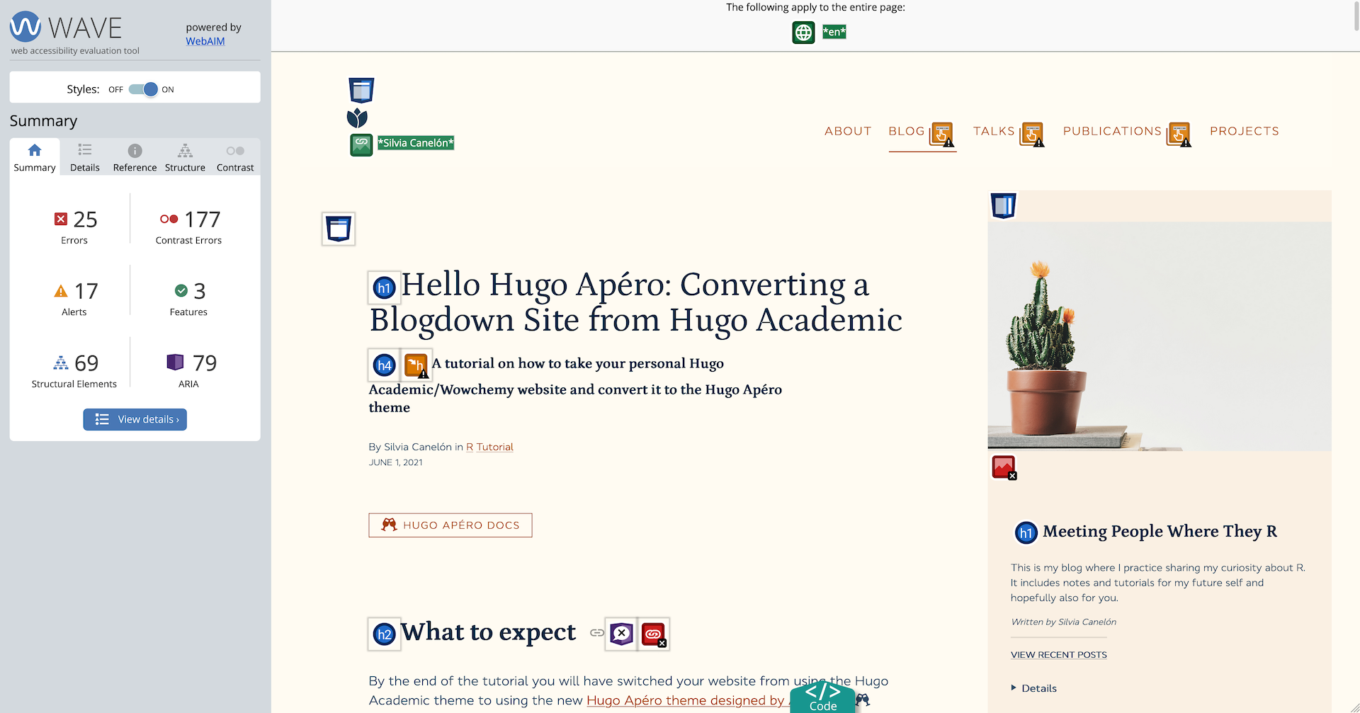 Figure 6: Audit for my Hello Hugo Apéro blog post