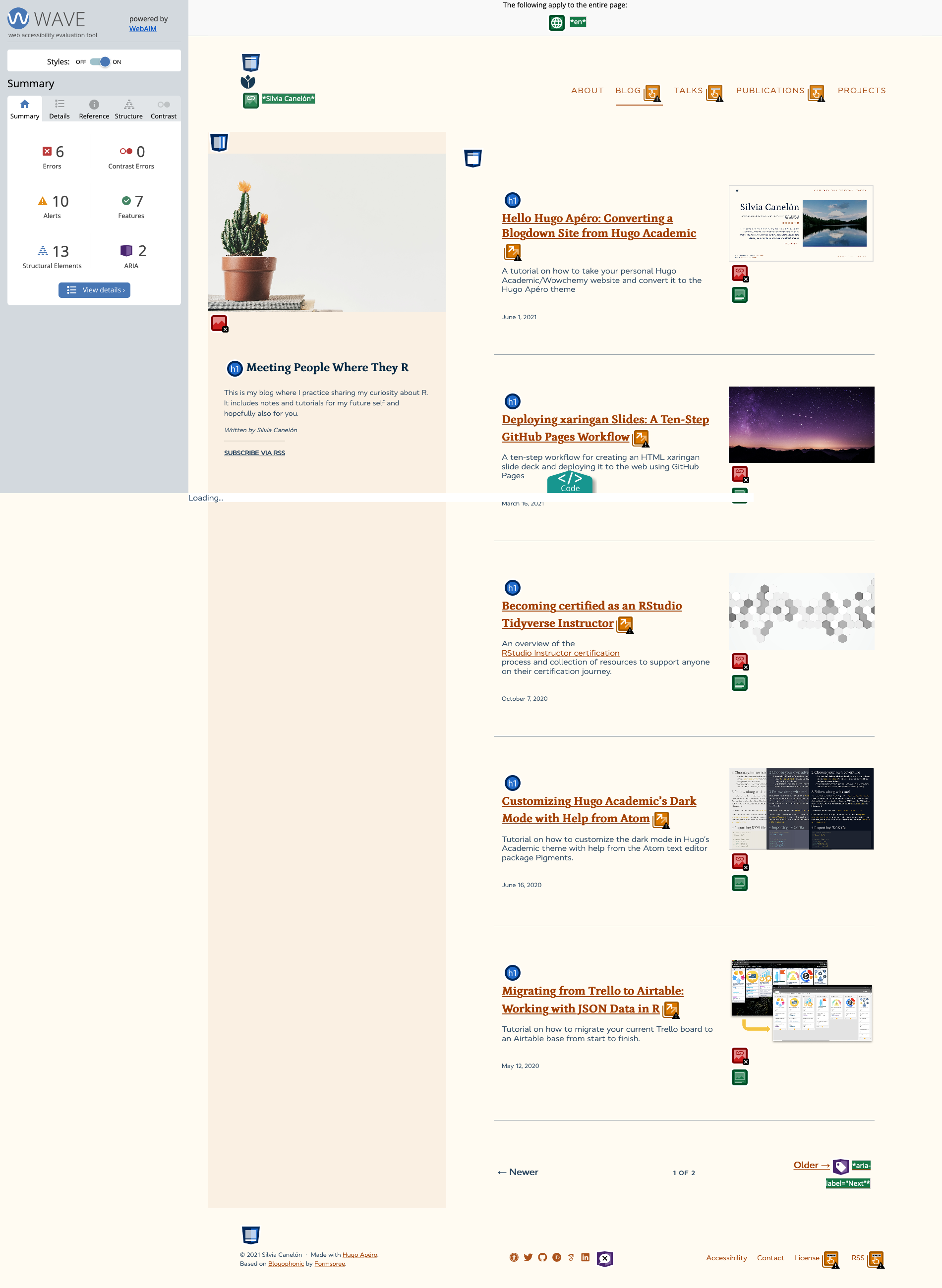 Alerts are shown for the navigation bar and footer, and for blog post links. Errors shown for the decorative image for the page and for the blog post thumbnails.