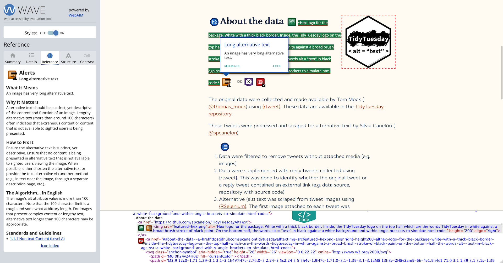 Reference pane of the tool elaborates on what the alert means, why it matters, how to fix it, a note on the tool's algorithm, and a link to the WCAG standards and guidelines. Code section is expanded along the bottom and highlights exactly what part of the HTML code the alert is refering to.