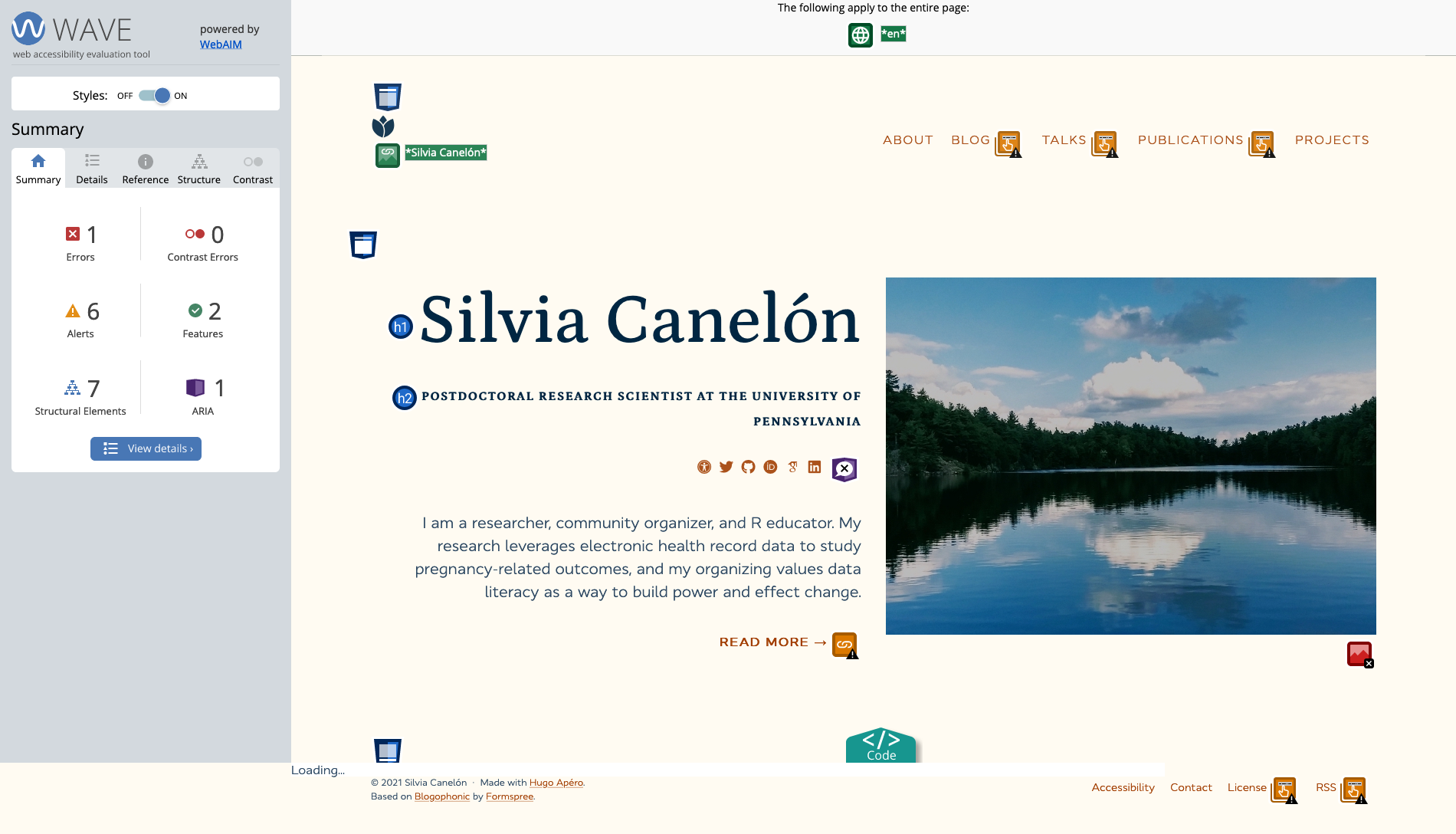 There is an error symbol next to the decorative image on the home page. There are also alert symbols for links in the navigation bar and footer.