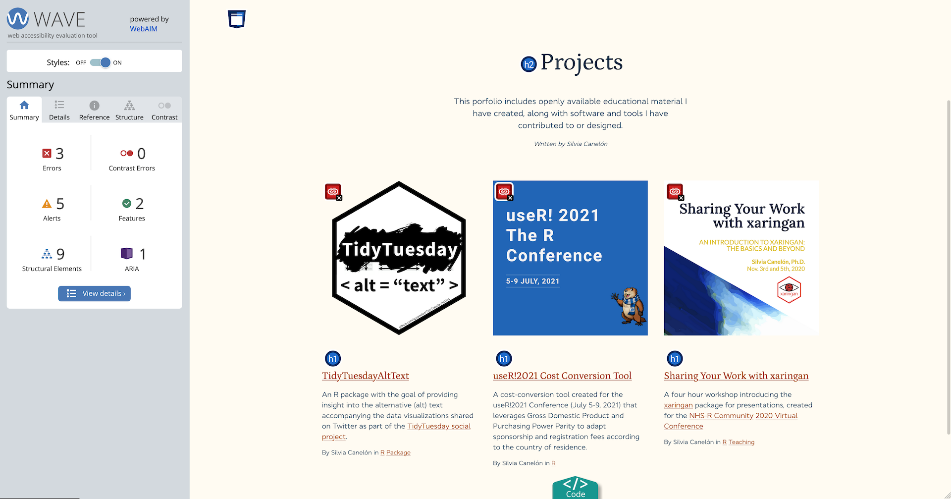 Errors displayed next to each project thumbnail image