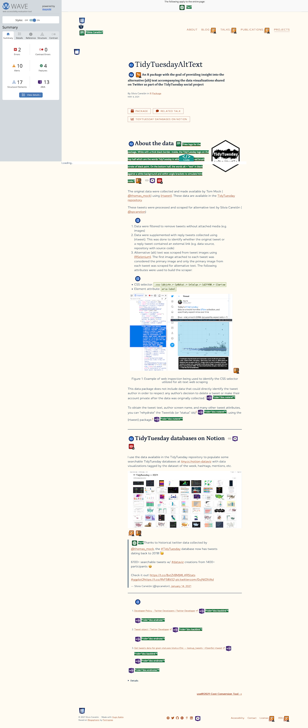 Alerts shown in the navigation bar and footer, project summary, and image alt-text. Errors shown next to link symbols accompanying headings.
